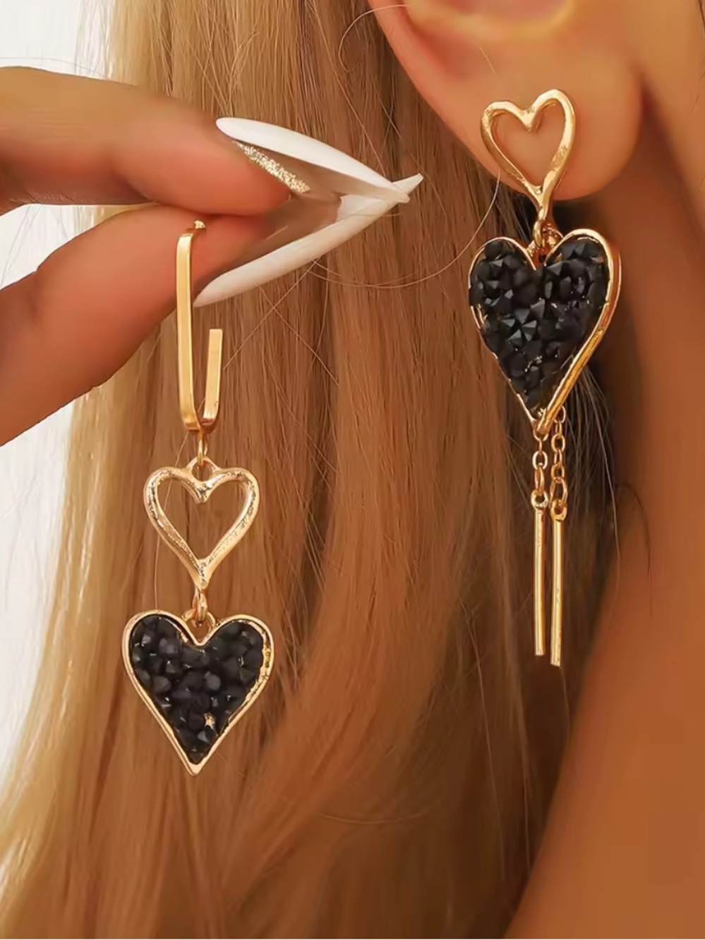 Anthropologie Gold Tone Heart Drop Earrings with Black Crystal Hearts
